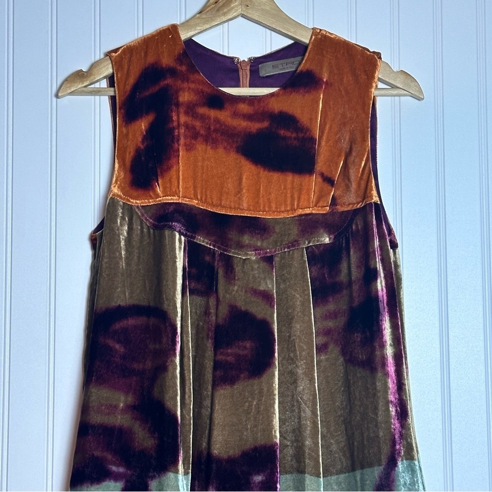 Etro Milano Orange and Purple abstract Sleeveless velvet Mini Dress size 38 - Picture 3 of 9